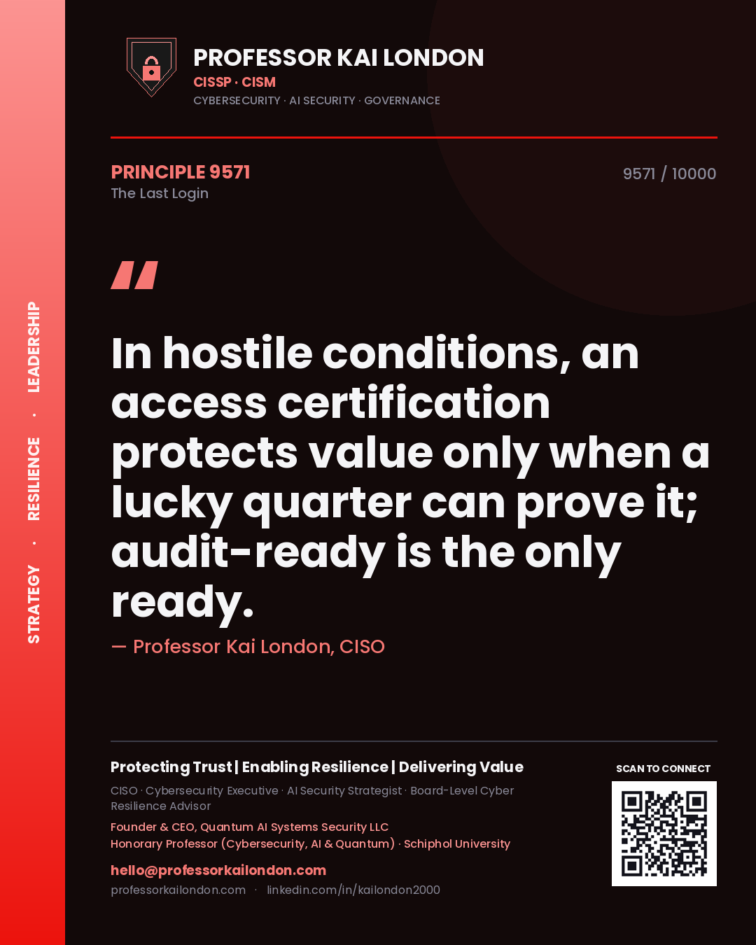 Quote card by Professor Kai London reading 'In hostile conditions, an access certification protects value only when a lucky quarter can prove it; audit-ready is the only ready.'. From the book The Last Login.