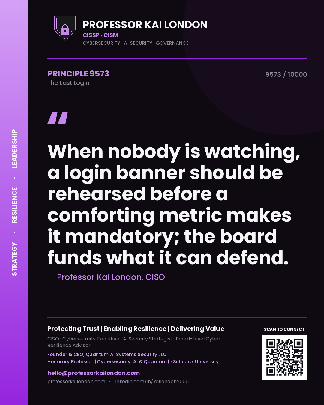 Professor Kai London principle 9573: When nobody is watching, a login banner should be rehearsed before a comforting metric makes it mandatory; the board funds what it can defend.