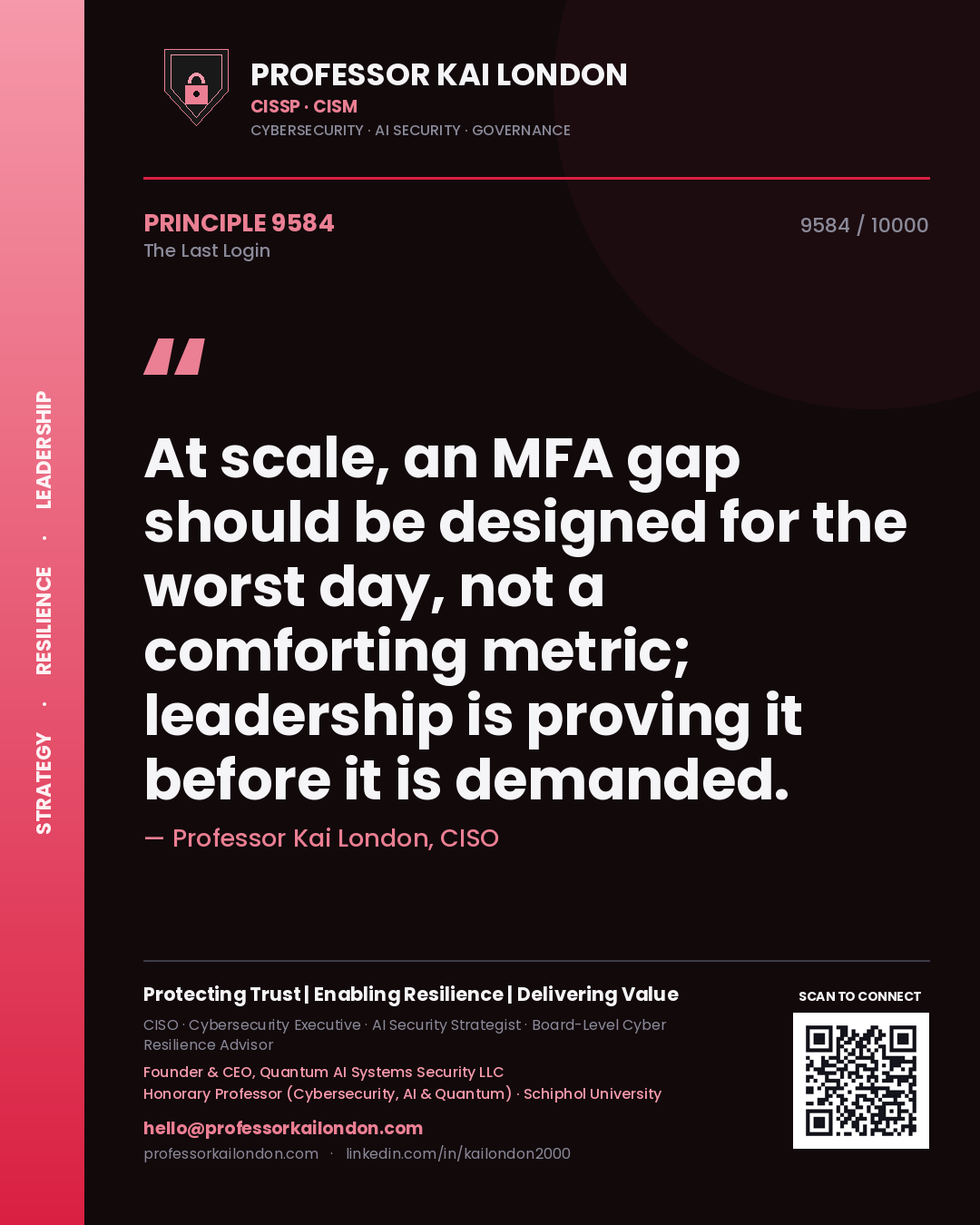 Professor Kai London principle 9584: At scale, an MFA gap should be designed for the worst day, not a comforting metric; leadership is proving it before it is demanded.