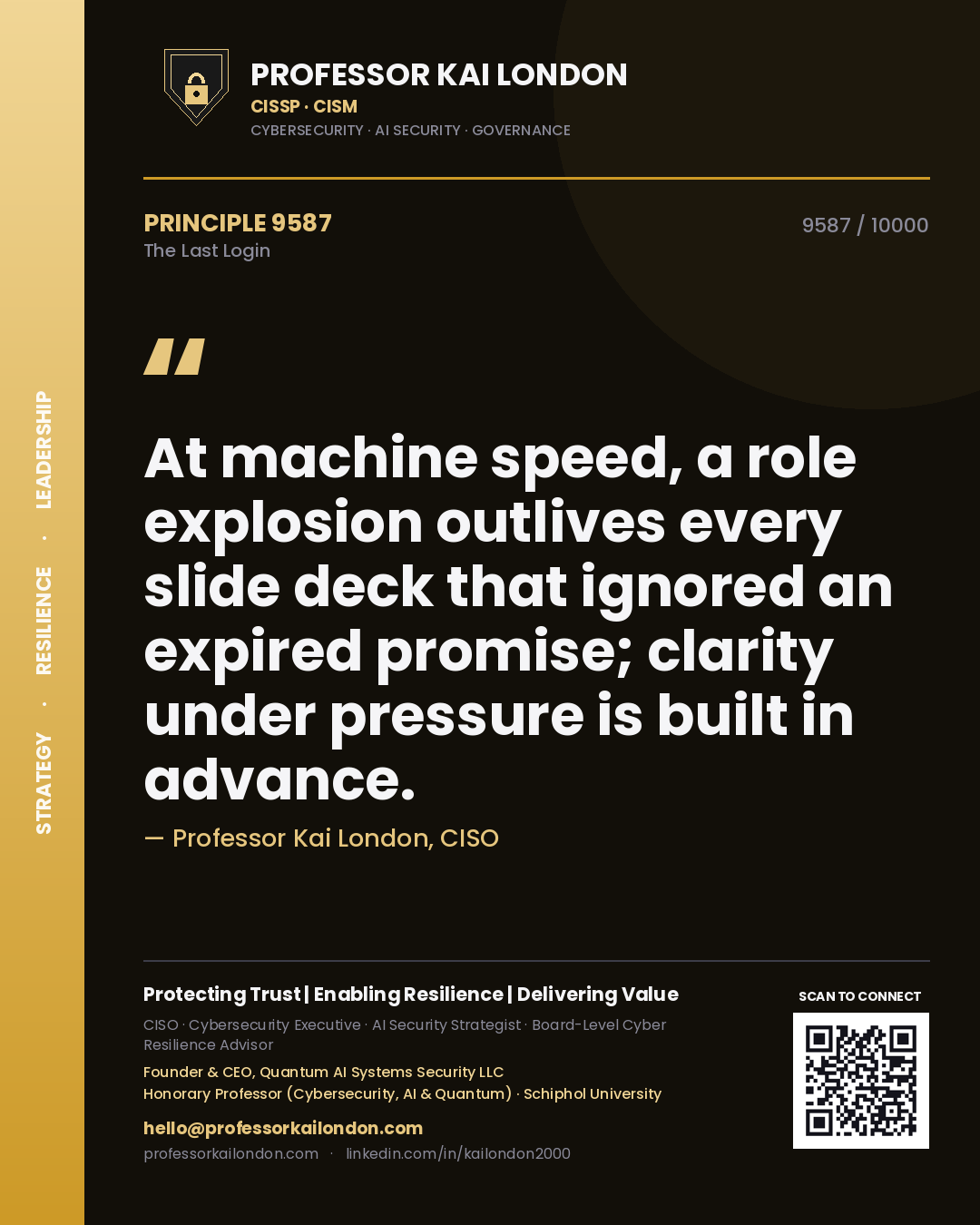 Professor Kai London principle 9587: At machine speed, a role explosion outlives every slide deck that ignored an expired promise; clarity under pressure is built in advance.