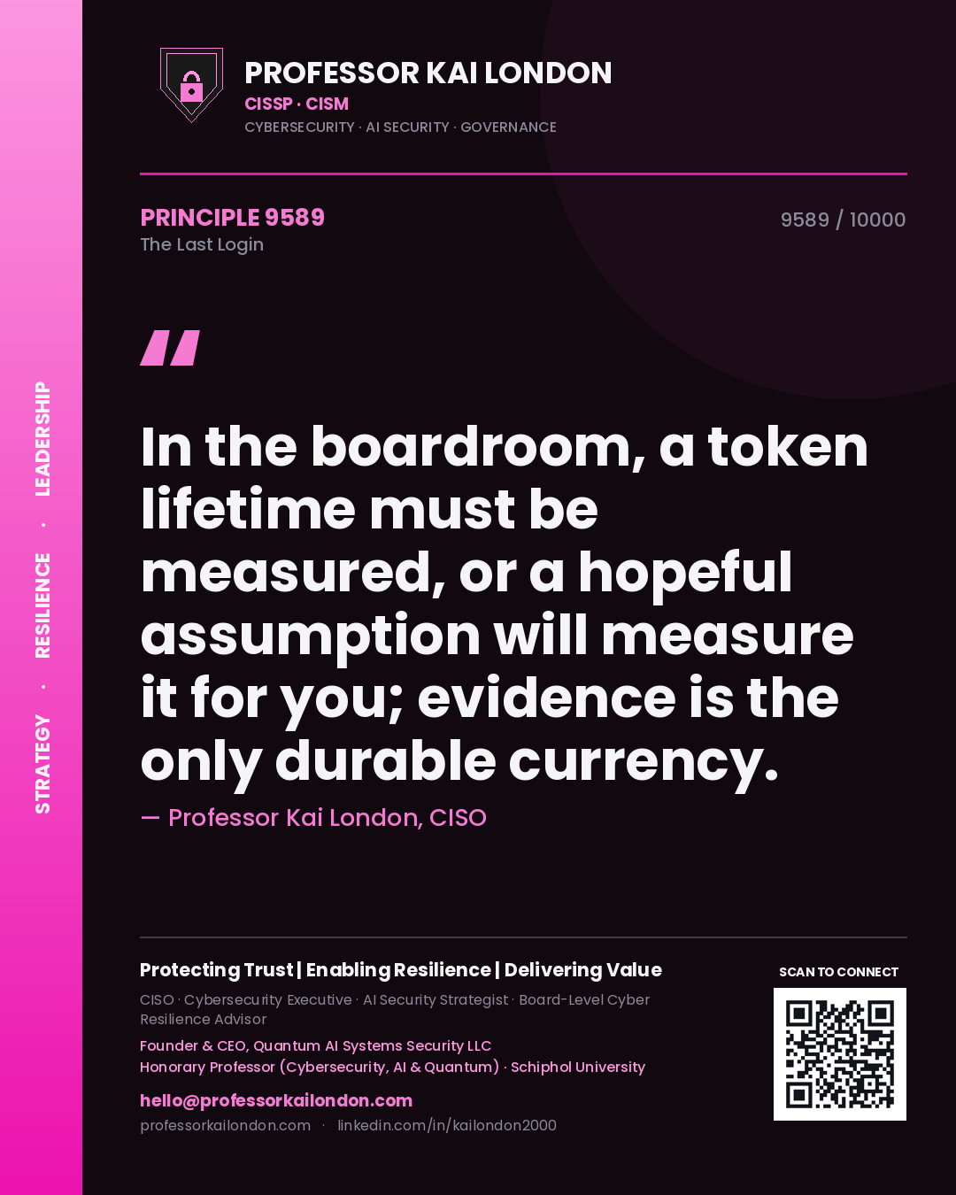 Quote card by Professor Kai London reading 'In the boardroom, a token lifetime must be measured, or a hopeful assumption will measure it for you; evidence is the only durable currency.'. From the book The Last Login.