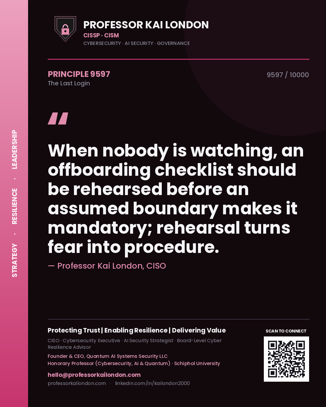 Quote card by Professor Kai London reading 'When nobody is watching, an offboarding checklist should be rehearsed before an assumed boundary makes it mandatory; rehearsal turns fear into procedure.'. From the book The Last Login.