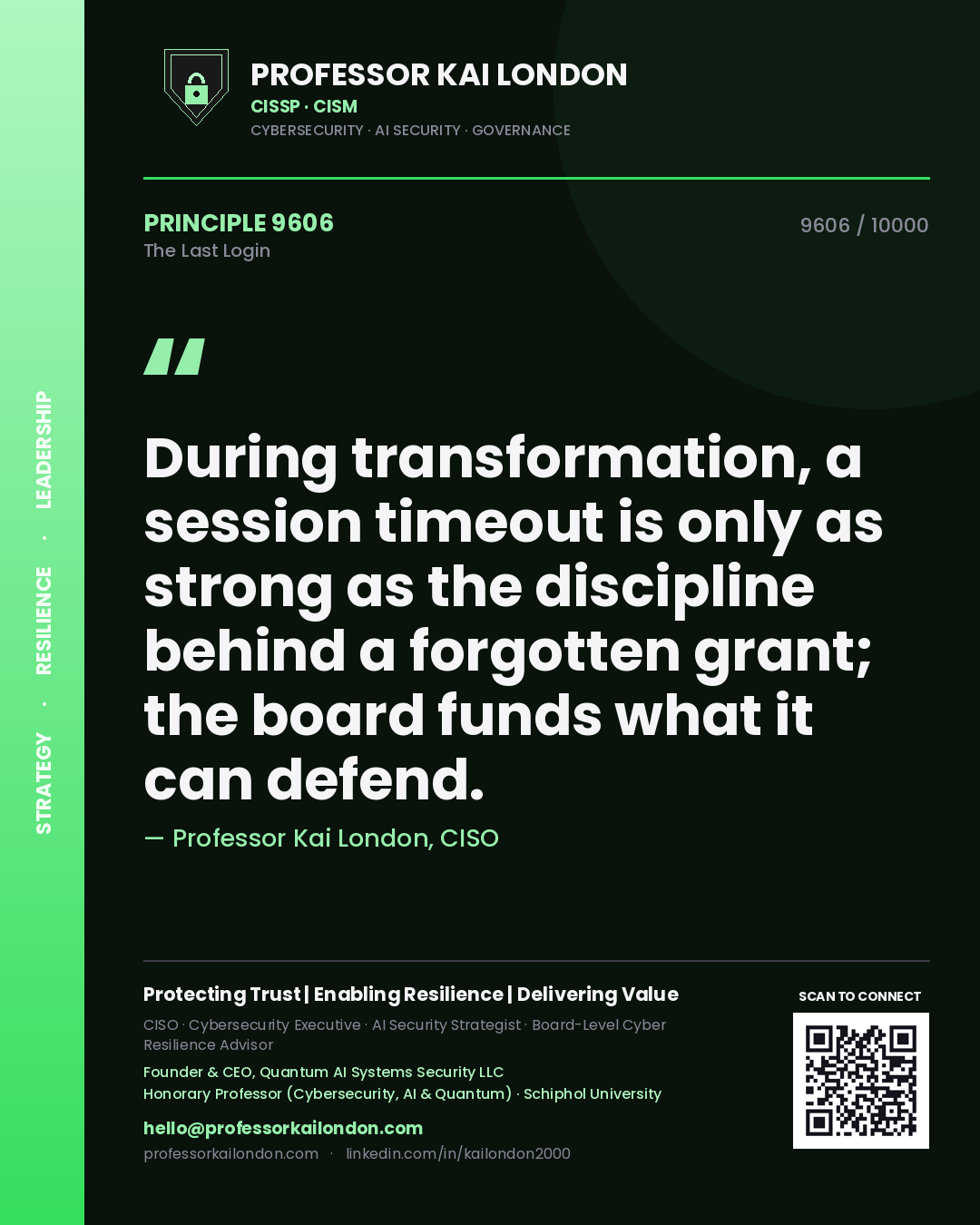 Quote card by Professor Kai London reading 'During transformation, a session timeout is only as strong as the discipline behind a forgotten grant; the board funds what it can defend.'. From the book The Last Login.