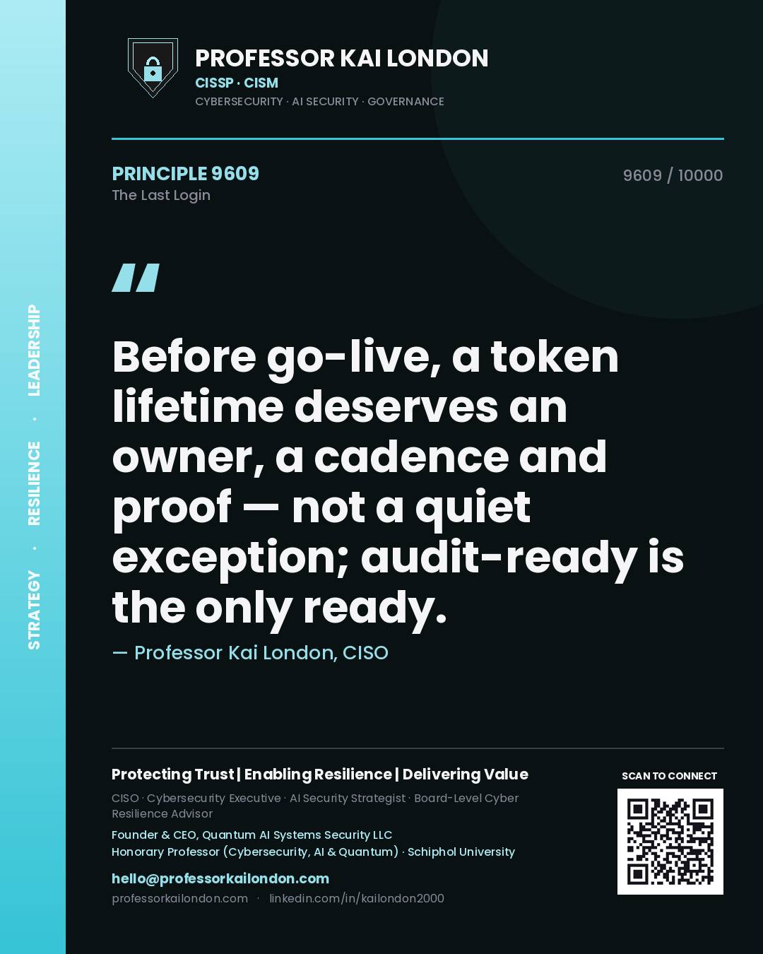 Professor Kai London principle 9609: Before go-live, a token lifetime deserves an owner, a cadence and proof — not a quiet exception; audit-ready is the only ready.