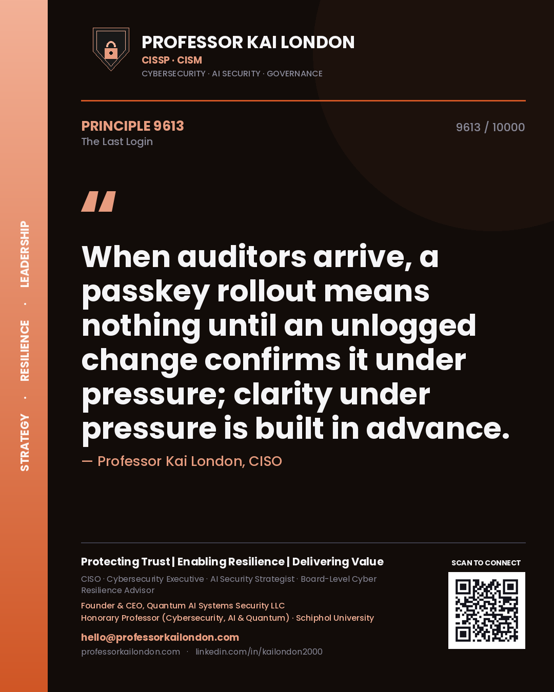 Professor Kai London principle 9613: When auditors arrive, a passkey rollout means nothing until an unlogged change confirms it under pressure; clarity under pressure is built in advance.