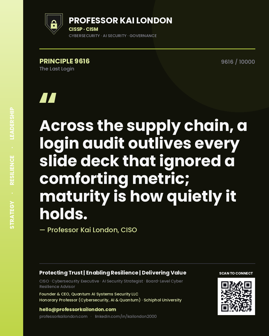 Professor Kai London principle 9616: Across the supply chain, a login audit outlives every slide deck that ignored a comforting metric; maturity is how quietly it holds.