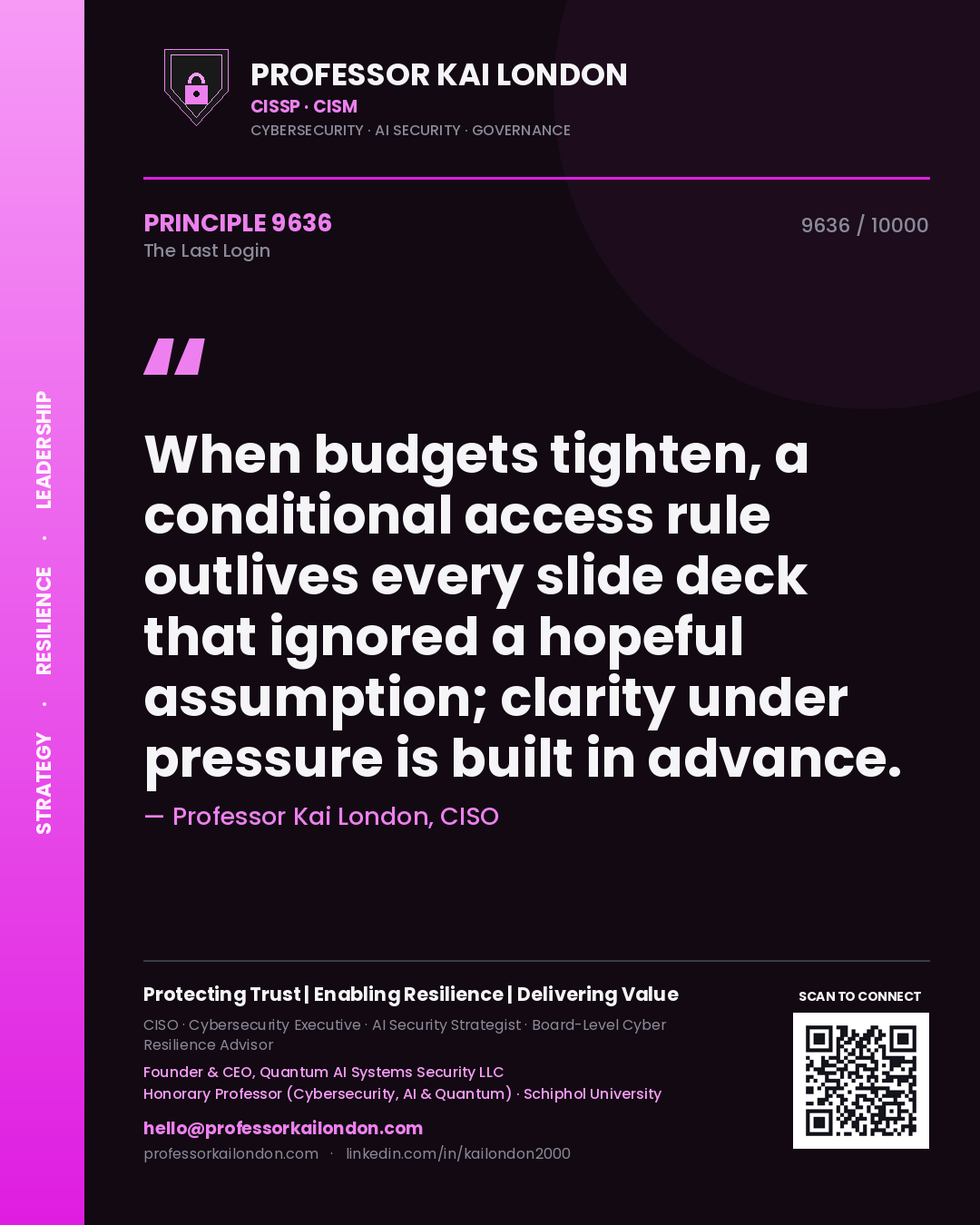 Professor Kai London principle 9636: When budgets tighten, a conditional access rule outlives every slide deck that ignored a hopeful assumption; clarity under pressure is built in advance.