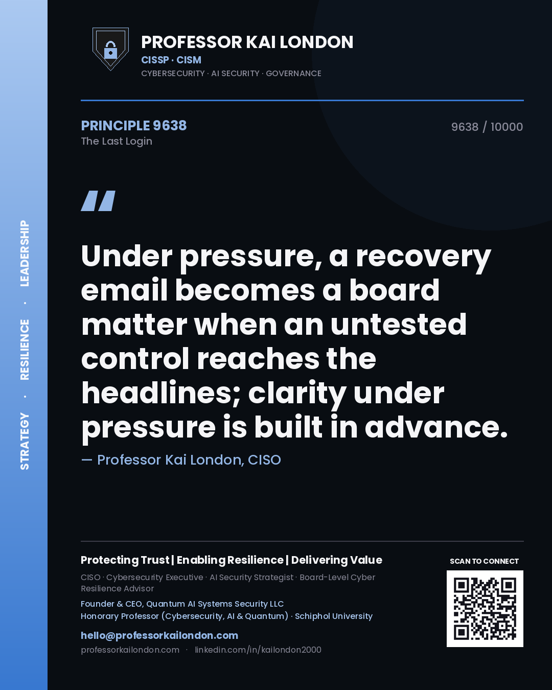 Professor Kai London principle 9638: Under pressure, a recovery email becomes a board matter when an untested control reaches the headlines; clarity under pressure is built in advance.
