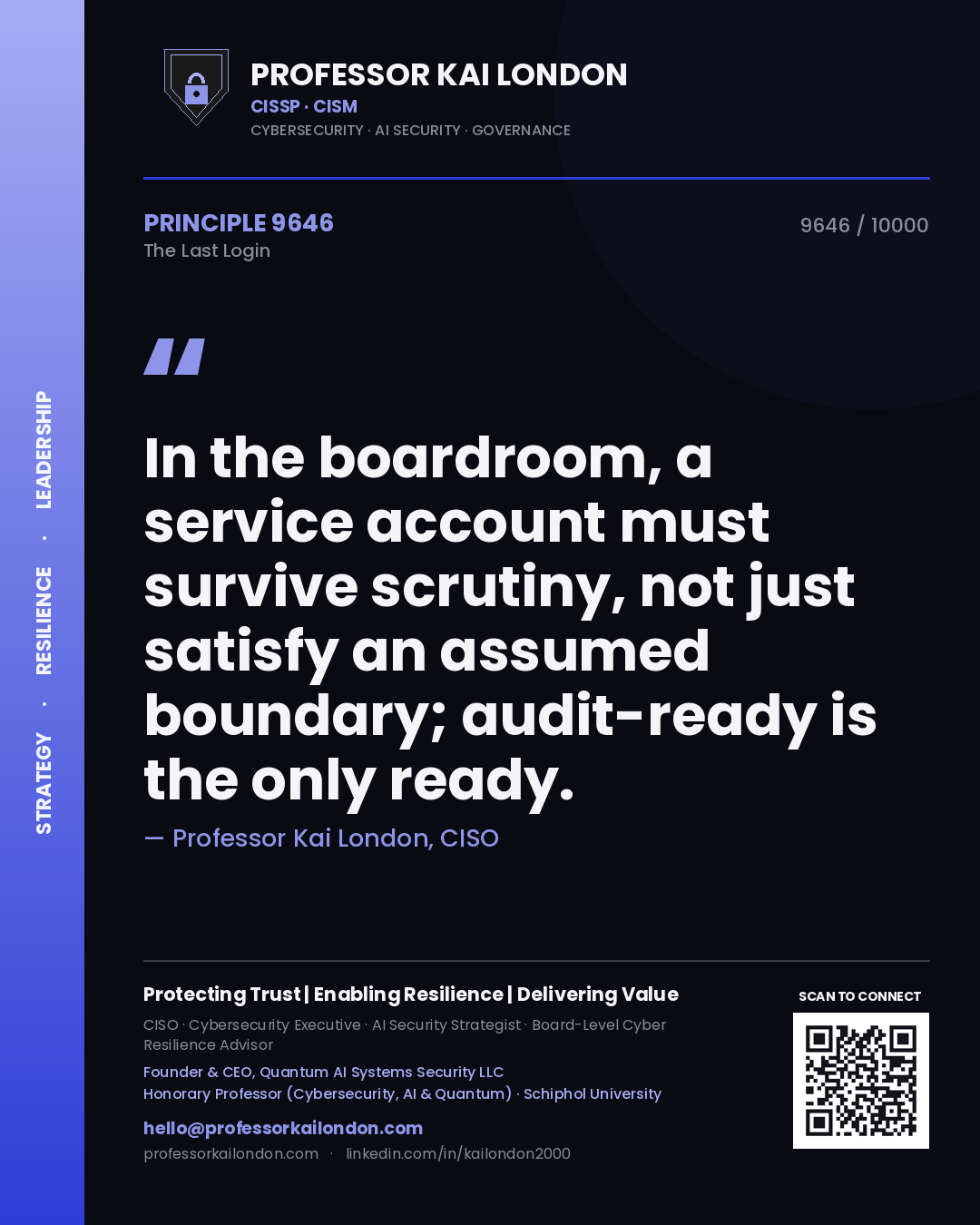 Professor Kai London principle 9646: In the boardroom, a service account must survive scrutiny, not just satisfy an assumed boundary; audit-ready is the only ready.