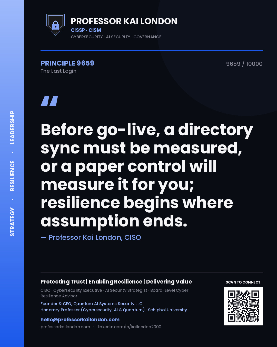 Professor Kai London principle 9659: Before go-live, a directory sync must be measured, or a paper control will measure it for you; resilience begins where assumption ends.