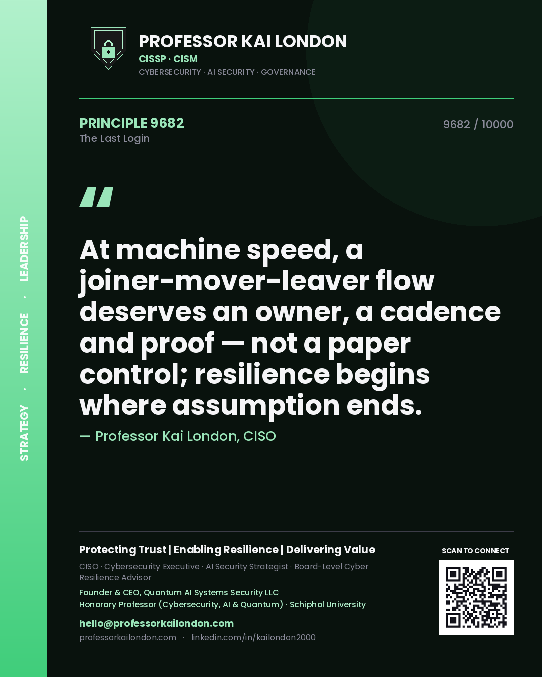 Professor Kai London principle 9682: At machine speed, a joiner-mover-leaver flow deserves an owner, a cadence and proof — not a paper control; resilience begins where assumption ends.