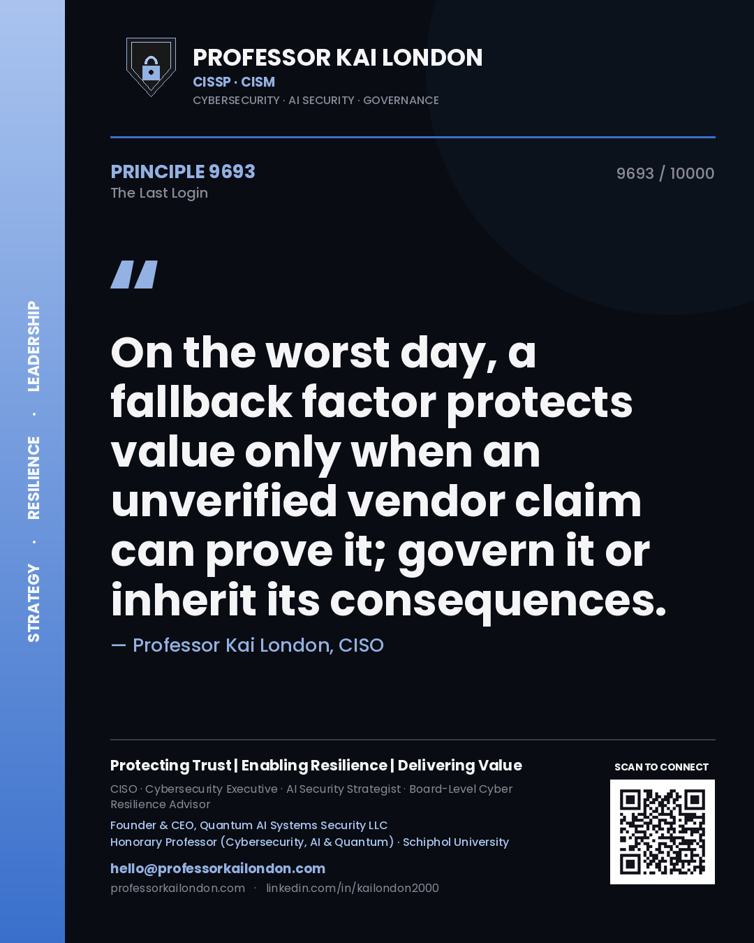 Professor Kai London principle 9693: On the worst day, a fallback factor protects value only when an unverified vendor claim can prove it; govern it or inherit its consequences.