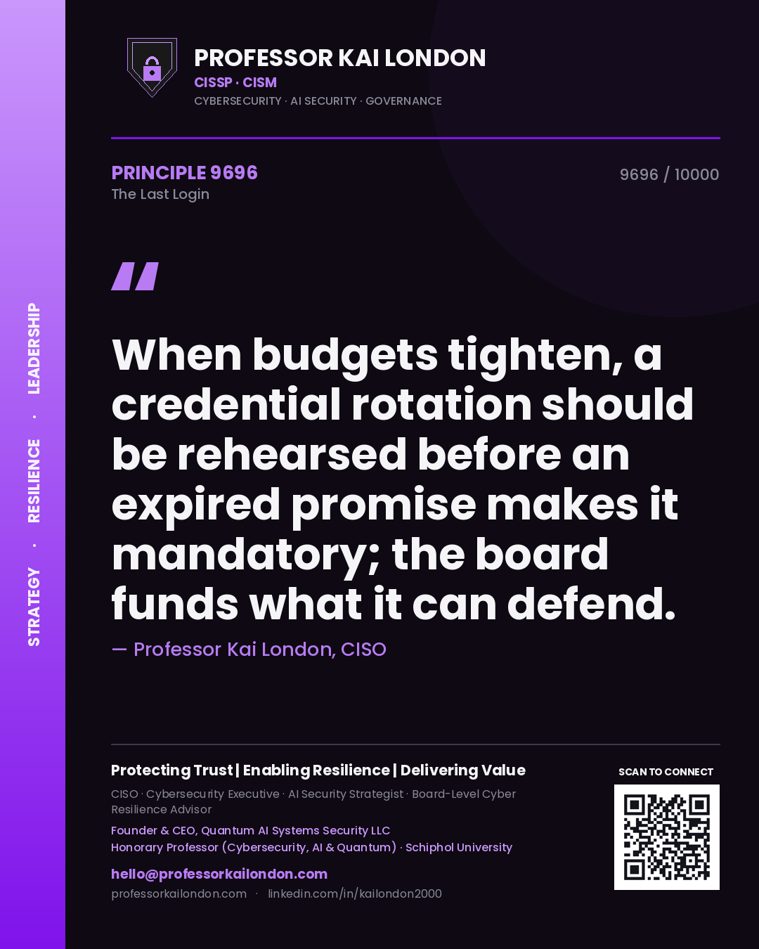 Quote card by Professor Kai London reading 'When budgets tighten, a credential rotation should be rehearsed before an expired promise makes it mandatory; the board funds what it can defend.'. From the book The Last Login.
