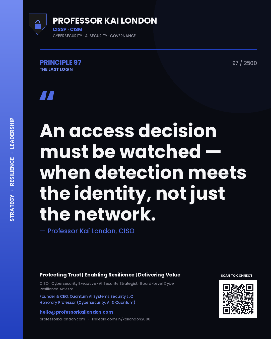 Quote card by Professor Kai London reading 'An access decision must be watched — when detection meets the identity, not just the network.'. From the book The Last Login.