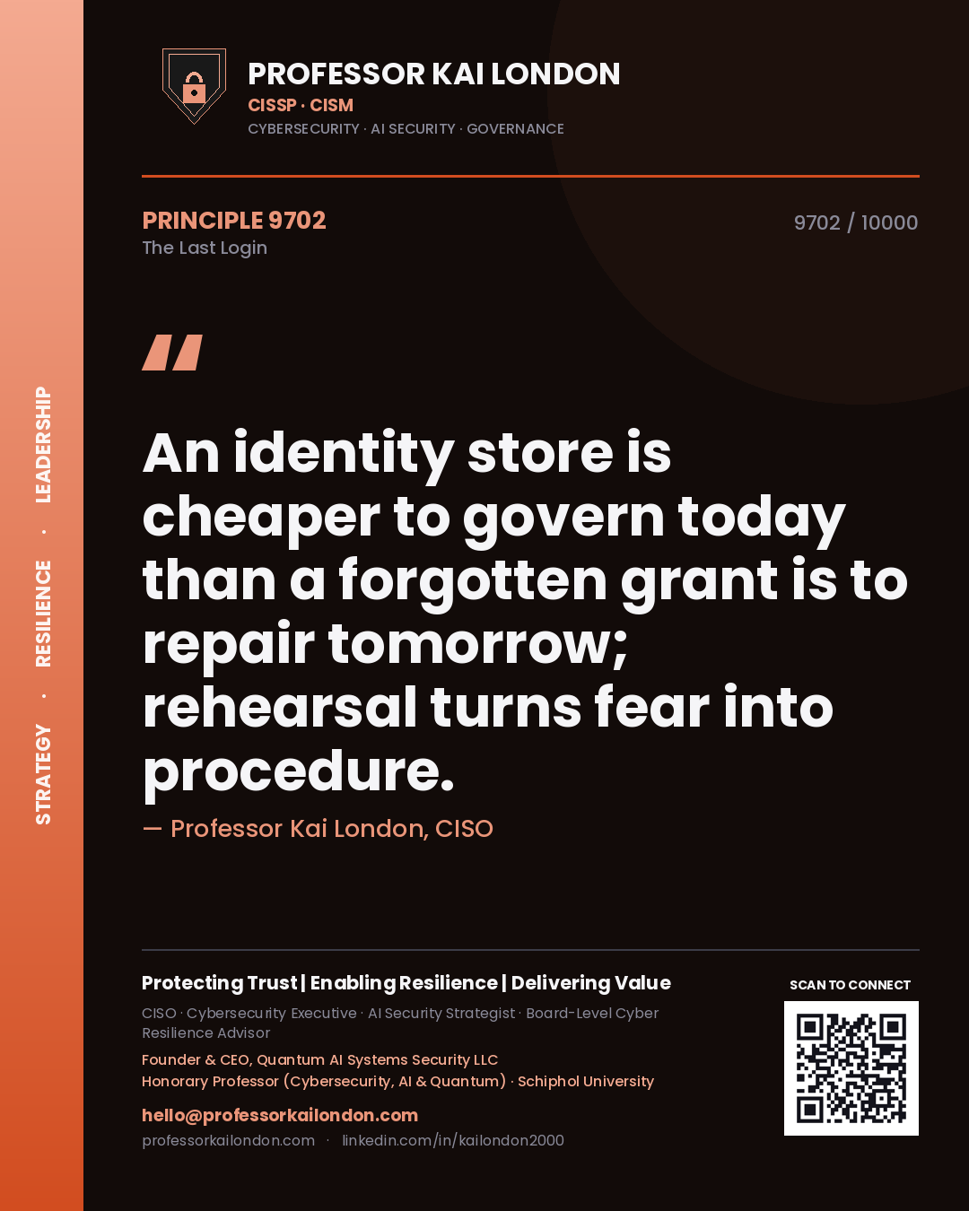 Quote card by Professor Kai London reading 'An identity store is cheaper to govern today than a forgotten grant is to repair tomorrow; rehearsal turns fear into procedure.'. From the book The Last Login.