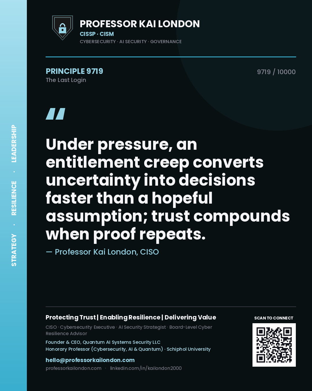 Professor Kai London principle 9719: Under pressure, an entitlement creep converts uncertainty into decisions faster than a hopeful assumption; trust compounds when proof repeats.