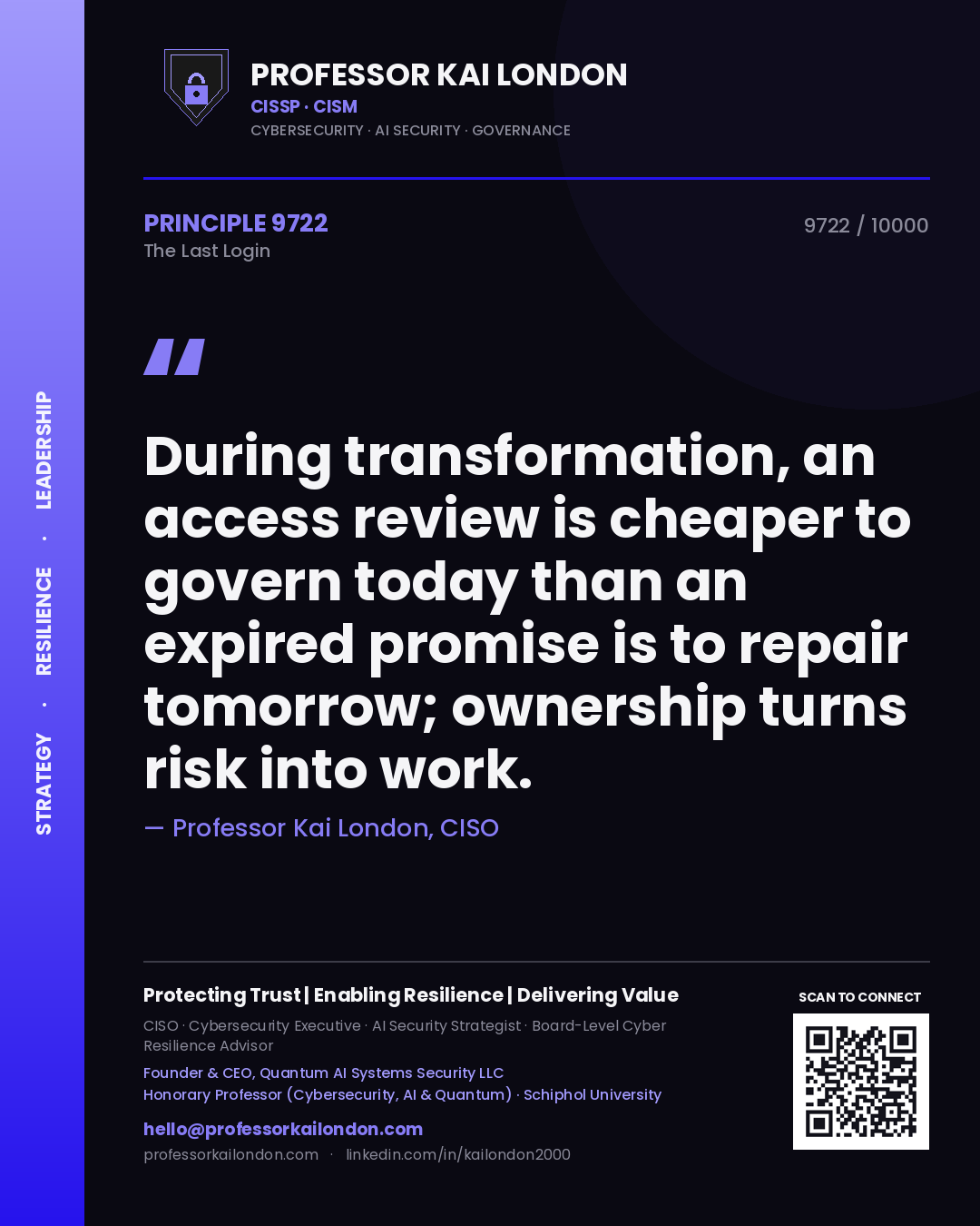 Professor Kai London principle 9722: During transformation, an access review is cheaper to govern today than an expired promise is to repair tomorrow; ownership turns risk into work.