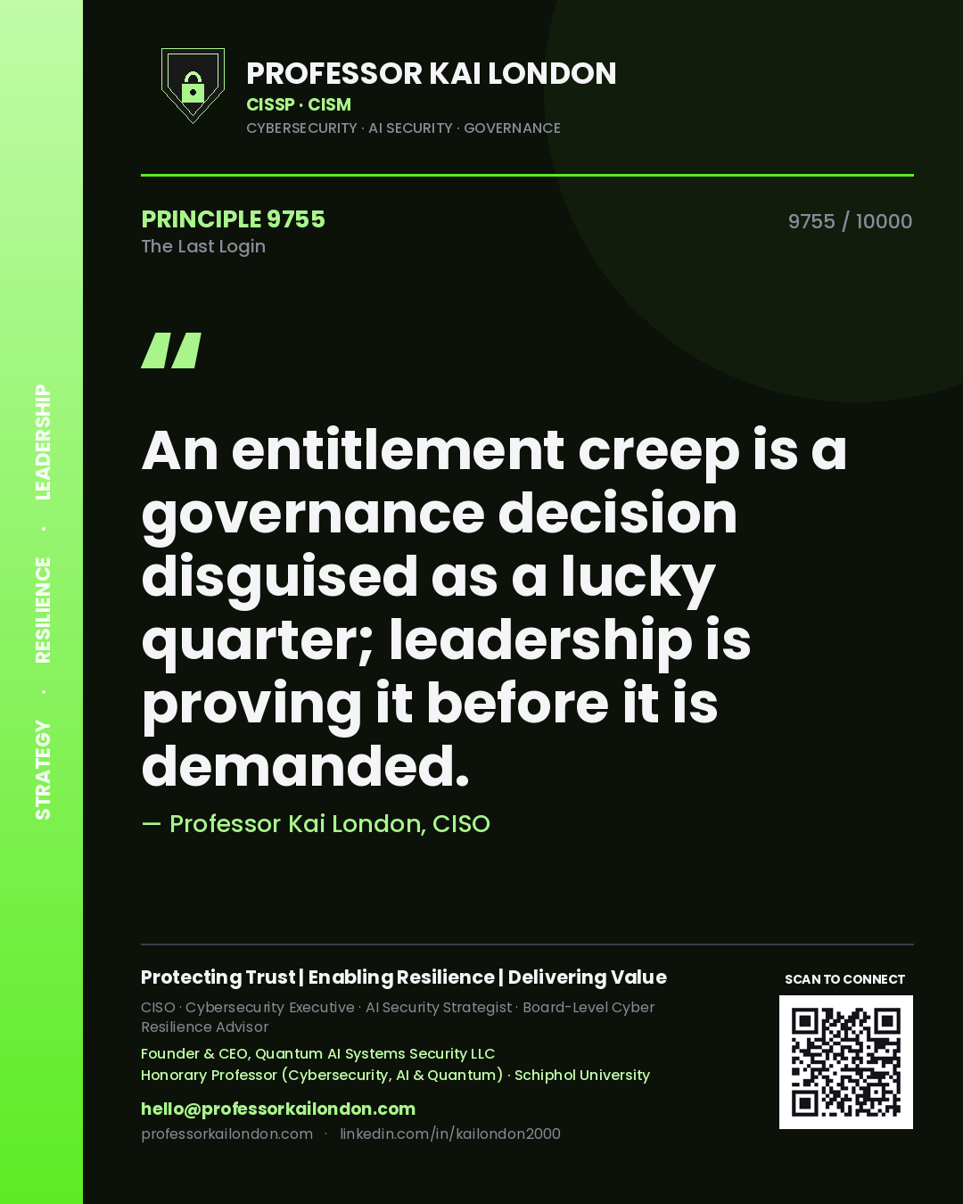 Quote card by Professor Kai London reading 'An entitlement creep is a governance decision disguised as a lucky quarter; leadership is proving it before it is demanded.'. From the book The Last Login.