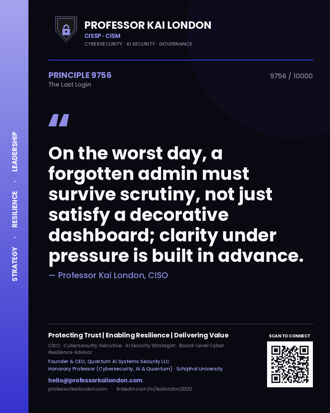Professor Kai London principle 9756: On the worst day, a forgotten admin must survive scrutiny, not just satisfy a decorative dashboard; clarity under pressure is built in advance.