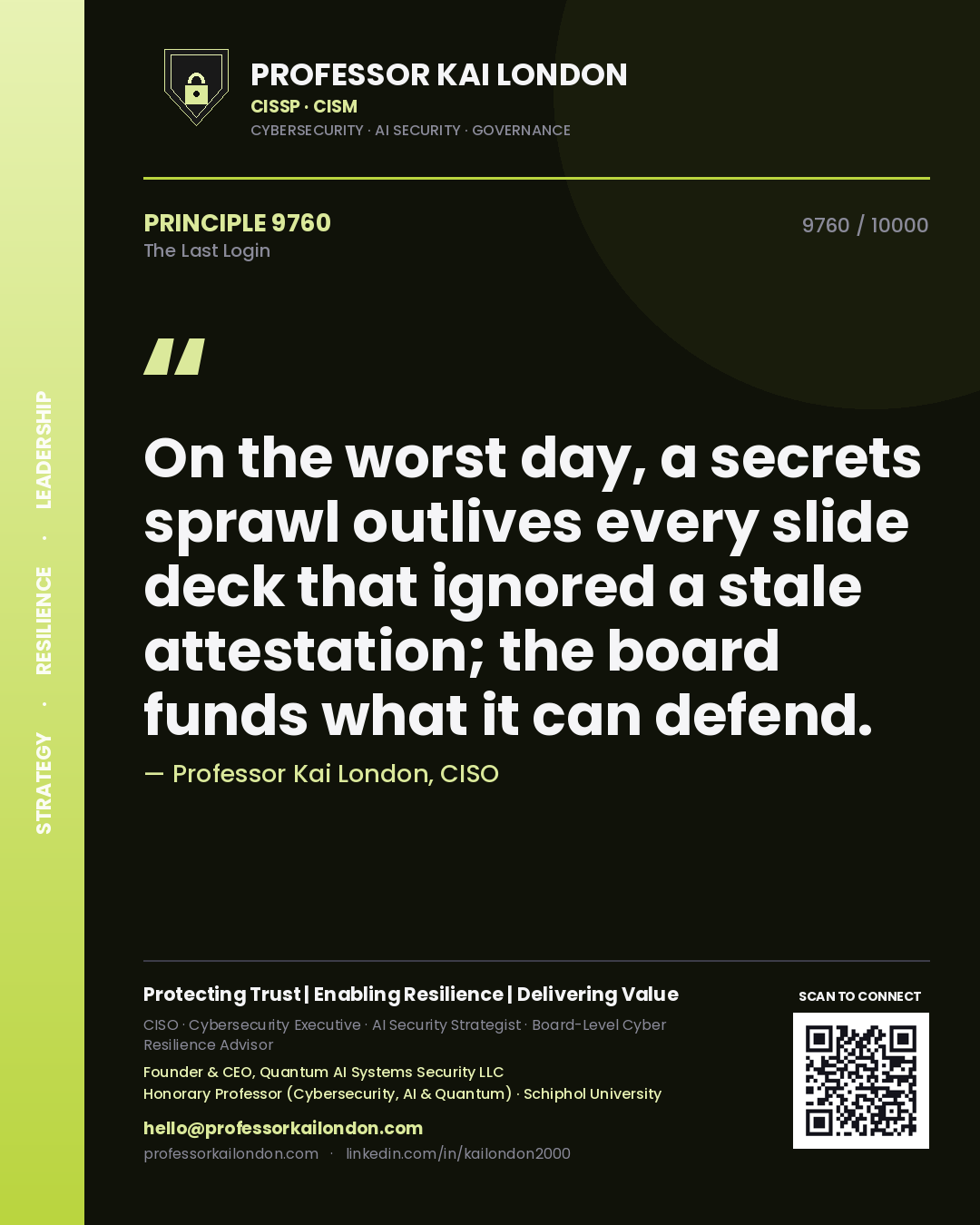 Professor Kai London principle 9760: On the worst day, a secrets sprawl outlives every slide deck that ignored a stale attestation; the board funds what it can defend.
