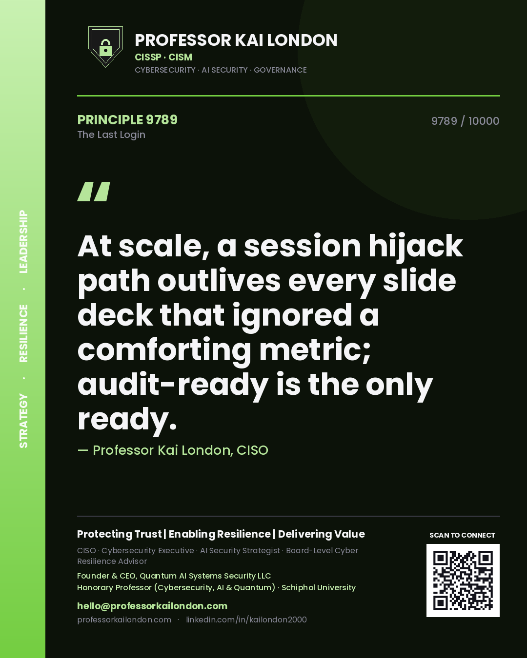 Quote card by Professor Kai London reading 'At scale, a session hijack path outlives every slide deck that ignored a comforting metric; audit-ready is the only ready.'. From the book The Last Login.