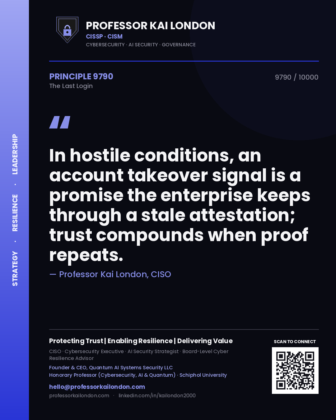 Quote card by Professor Kai London reading 'In hostile conditions, an account takeover signal is a promise the enterprise keeps through a stale attestation; trust compounds when proof repeats.'. From the book The Last Login.