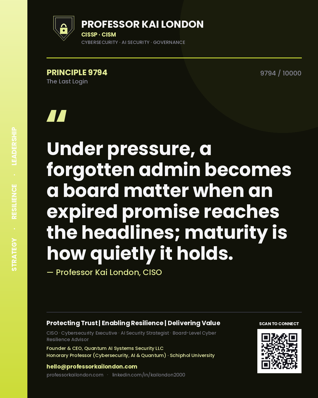 Professor Kai London principle 9794: Under pressure, a forgotten admin becomes a board matter when an expired promise reaches the headlines; maturity is how quietly it holds.