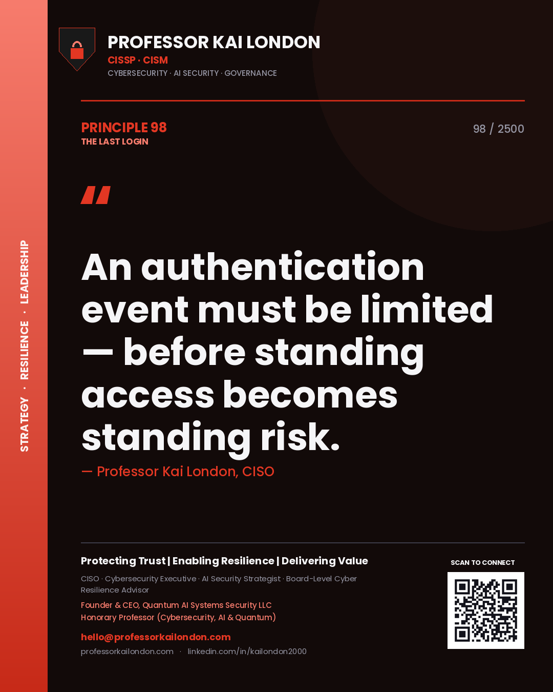 Professor Kai London principle 98: An authentication event must be limited — before standing access becomes standing risk.