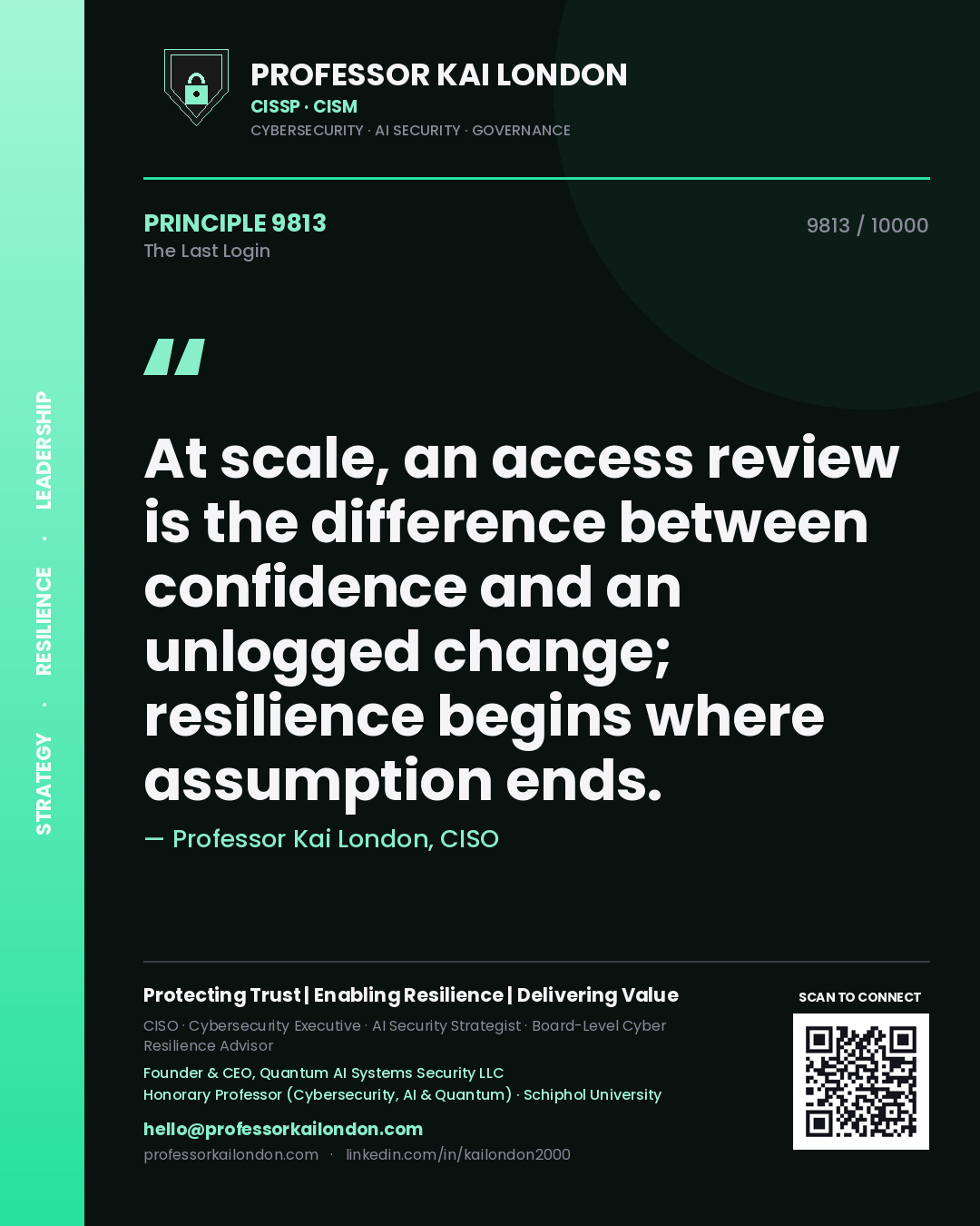 Professor Kai London principle 9813: At scale, an access review is the difference between confidence and an unlogged change; resilience begins where assumption ends.
