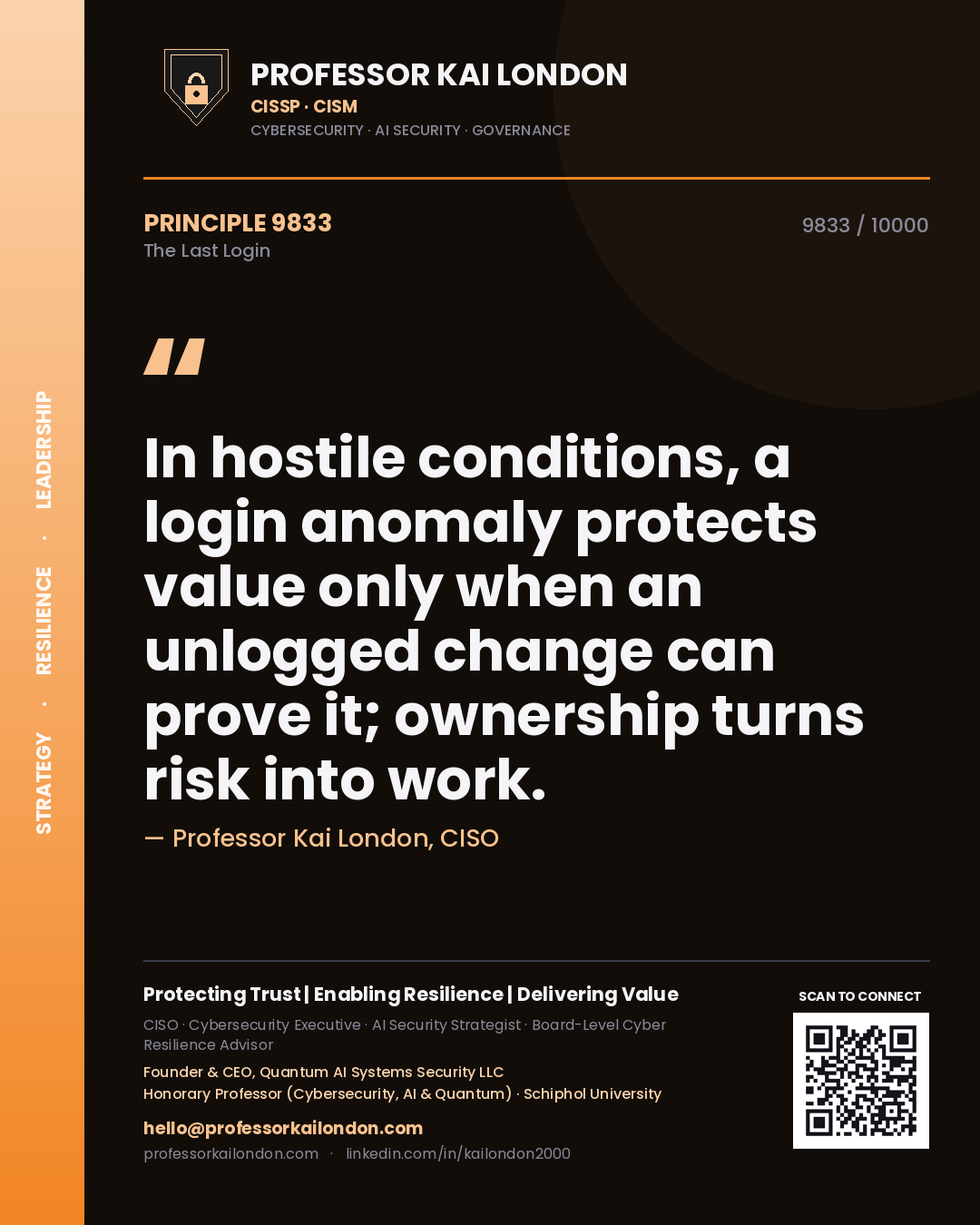 Quote card by Professor Kai London reading 'In hostile conditions, a login anomaly protects value only when an unlogged change can prove it; ownership turns risk into work.'. From the book The Last Login.