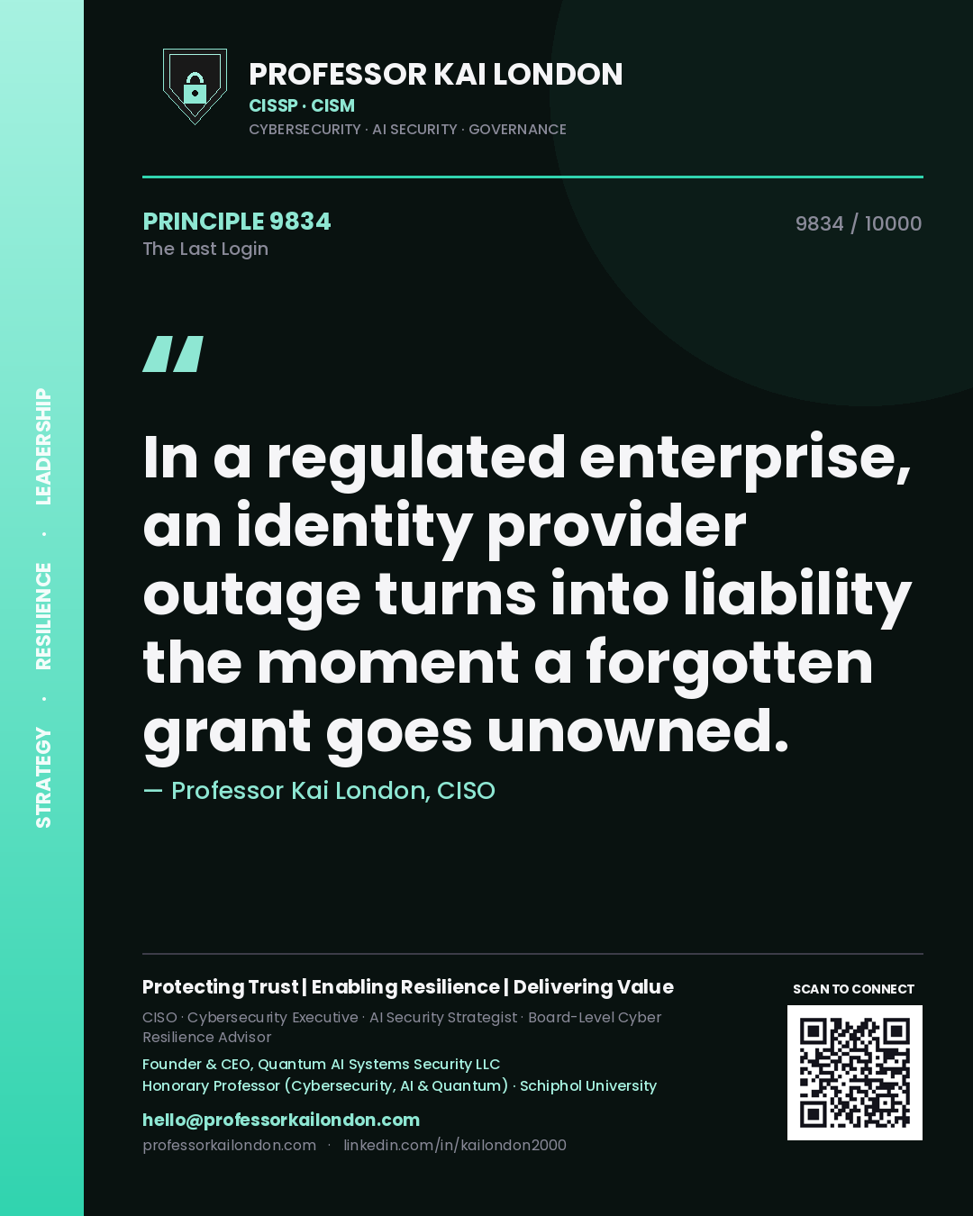Quote card by Professor Kai London reading 'In a regulated enterprise, an identity provider outage turns into liability the moment a forgotten grant goes unowned.'. From the book The Last Login.