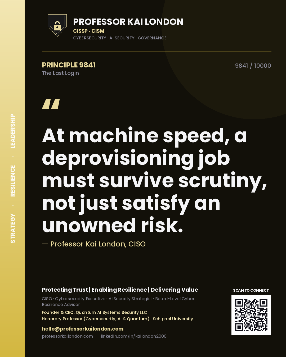 Quote card by Professor Kai London reading 'At machine speed, a deprovisioning job must survive scrutiny, not just satisfy an unowned risk.'. From the book The Last Login.