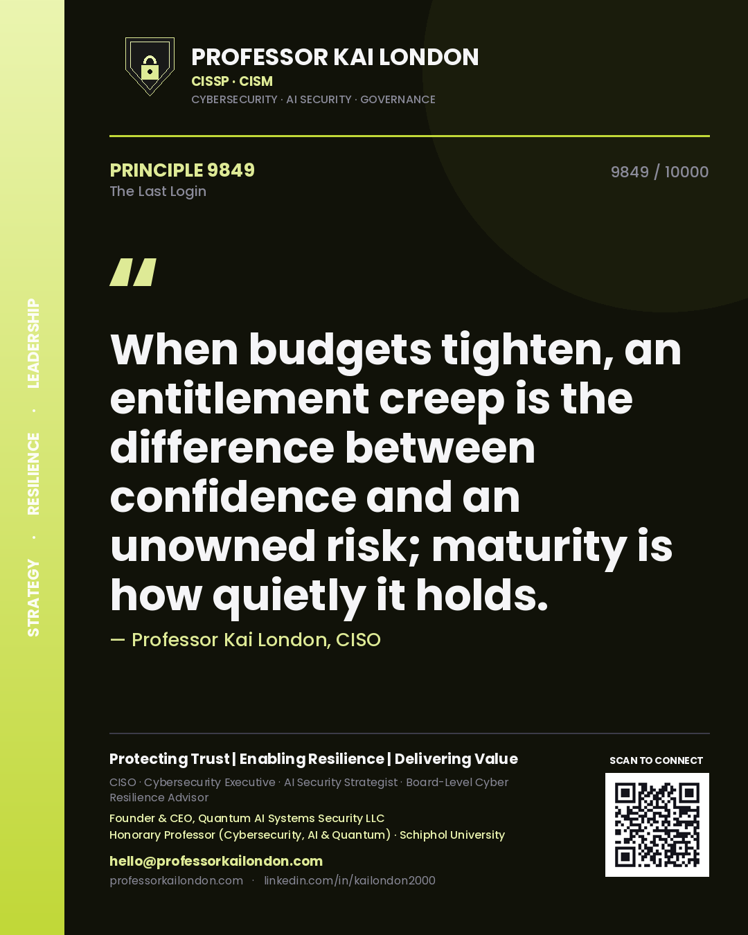 Quote card by Professor Kai London reading 'When budgets tighten, an entitlement creep is the difference between confidence and an unowned risk; maturity is how quietly it holds.'. From the book The Last Login.