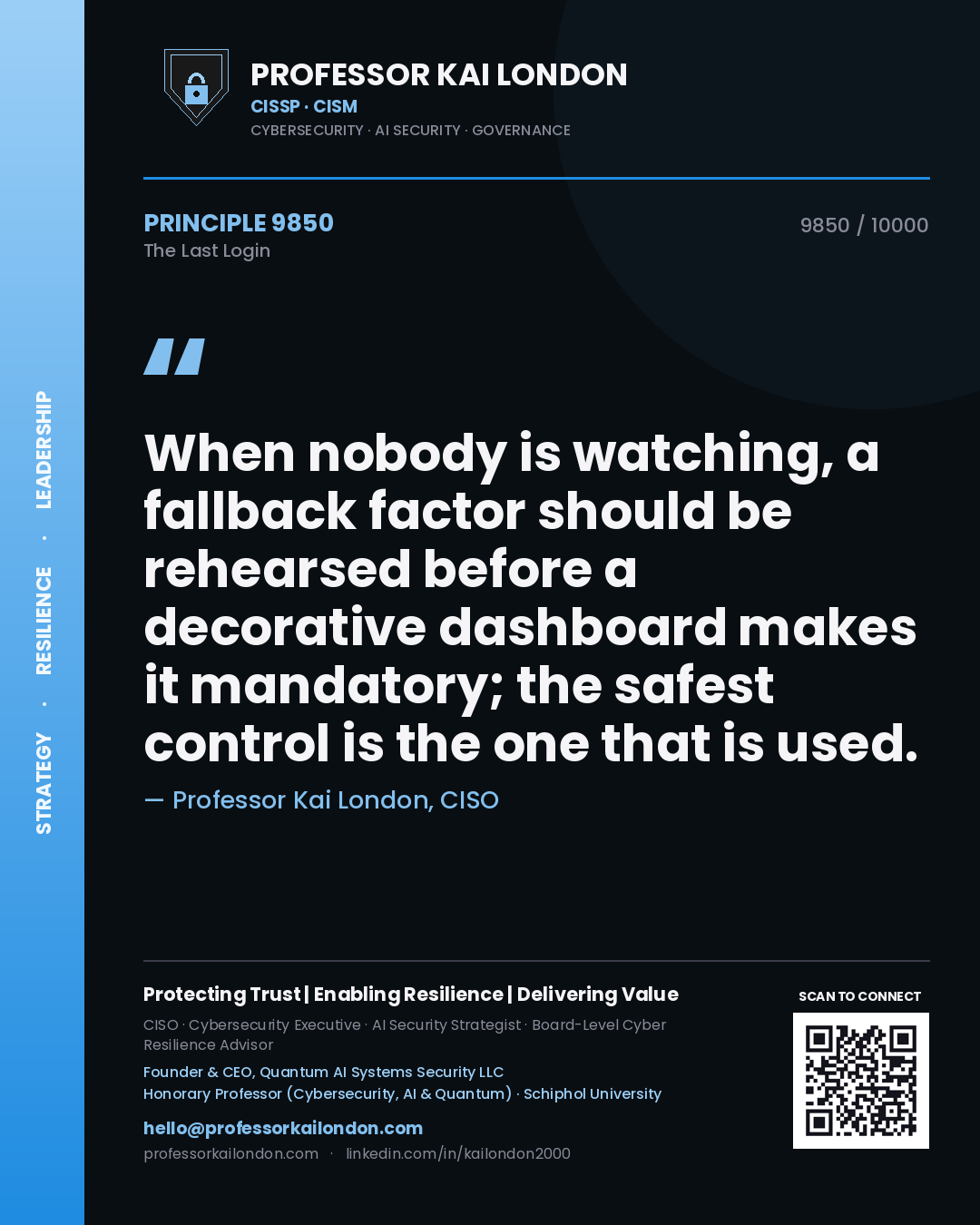 Quote card by Professor Kai London reading 'When nobody is watching, a fallback factor should be rehearsed before a decorative dashboard makes it mandatory; the safest control is the one that is used.'. From the book The Last Login.