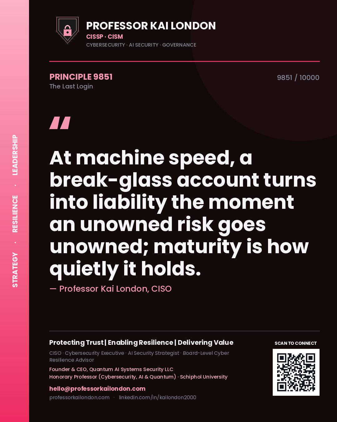 Quote card by Professor Kai London reading 'At machine speed, a break-glass account turns into liability the moment an unowned risk goes unowned; maturity is how quietly it holds.'. From the book The Last Login.