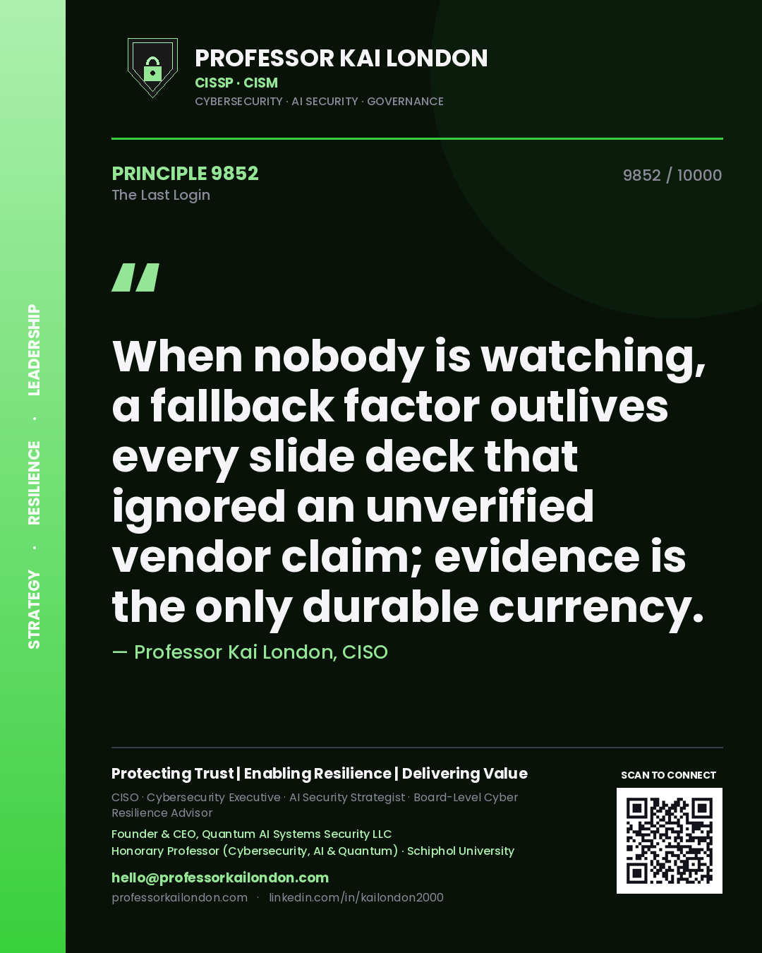 Quote card by Professor Kai London reading 'When nobody is watching, a fallback factor outlives every slide deck that ignored an unverified vendor claim; evidence is the only durable currency.'. From the book The Last Login.