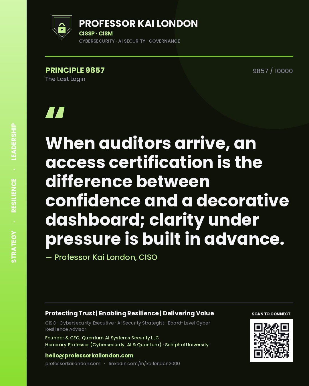 Quote card by Professor Kai London reading 'When auditors arrive, an access certification is the difference between confidence and a decorative dashboard; clarity under pressure is built in advance.'. From the book The Last Login.