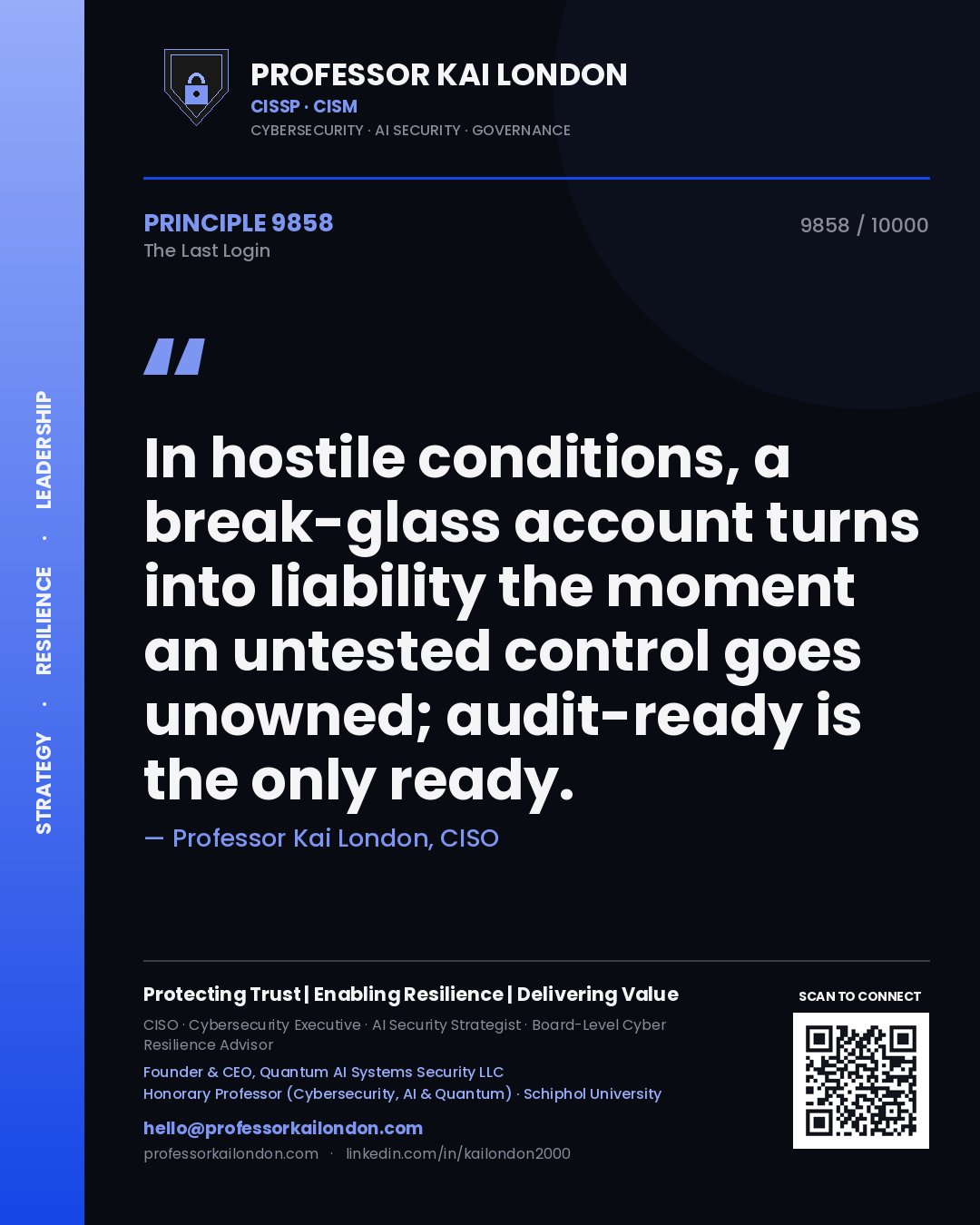 Quote card by Professor Kai London reading 'In hostile conditions, a break-glass account turns into liability the moment an untested control goes unowned; audit-ready is the only ready.'. From the book The Last Login.