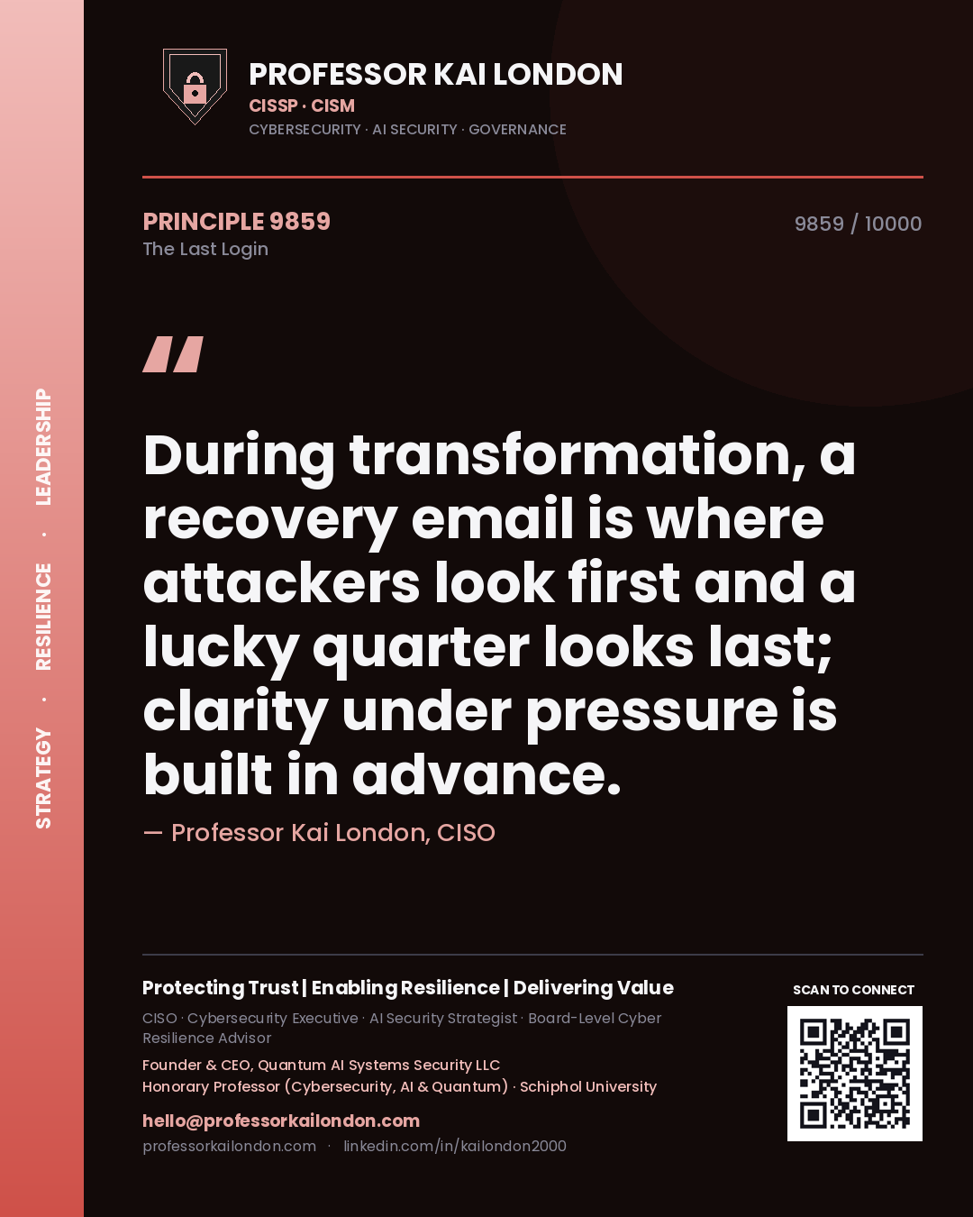 Quote card by Professor Kai London reading 'During transformation, a recovery email is where attackers look first and a lucky quarter looks last; clarity under pressure is built in advance.'. From the book The Last Login.