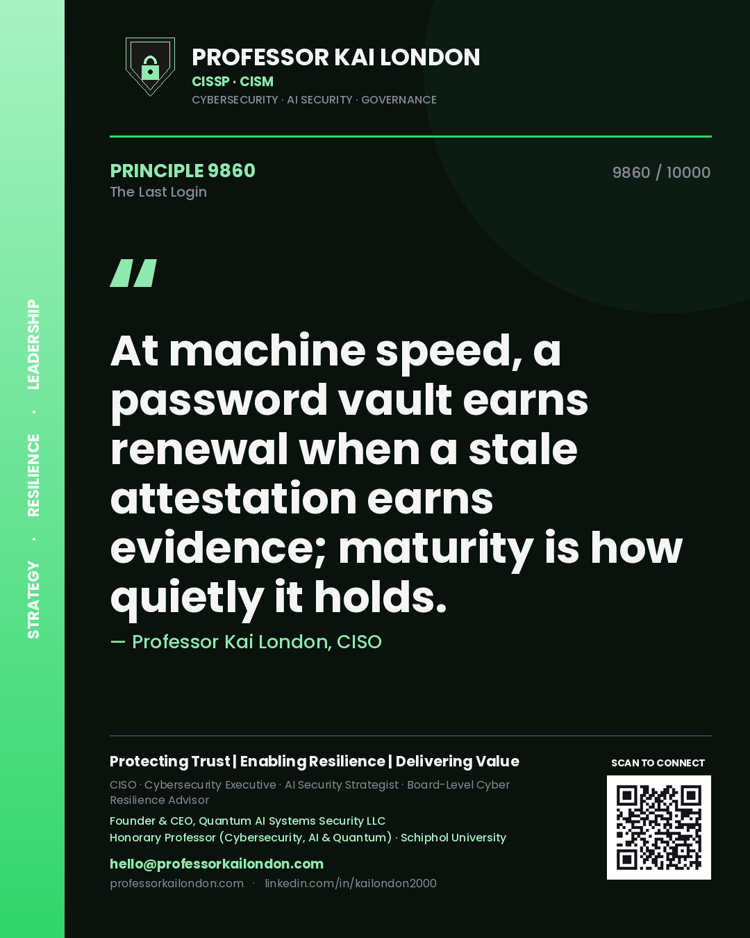 Professor Kai London principle 9860: At machine speed, a password vault earns renewal when a stale attestation earns evidence; maturity is how quietly it holds.