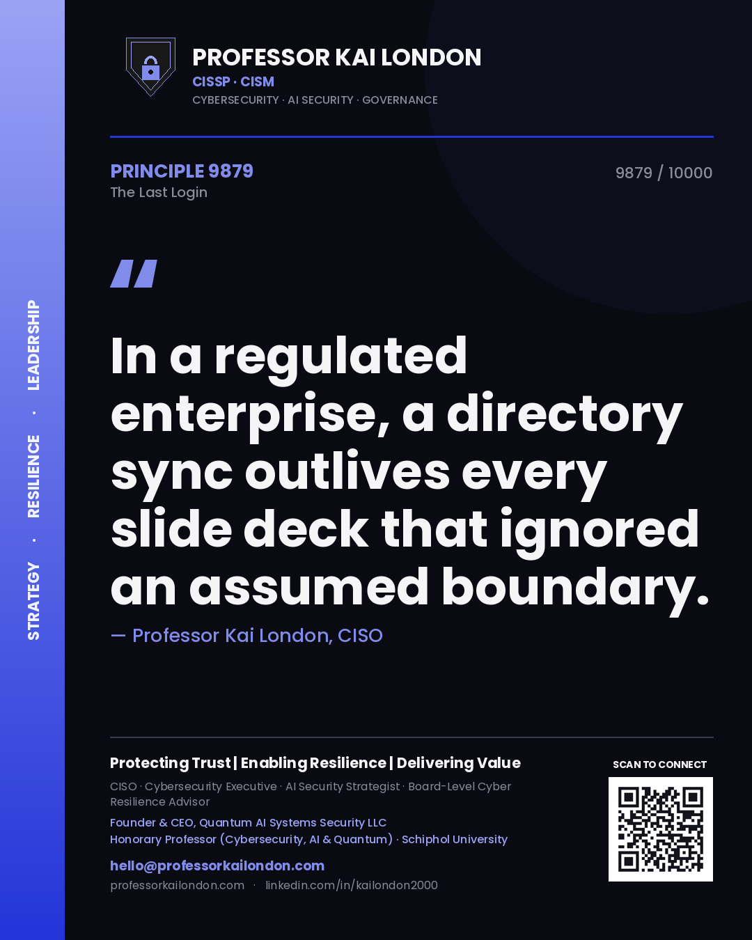 Quote card by Professor Kai London reading 'In a regulated enterprise, a directory sync outlives every slide deck that ignored an assumed boundary.'. From the book The Last Login.