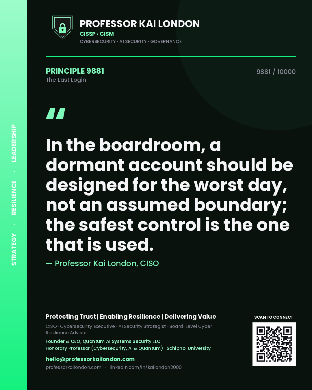 Quote card by Professor Kai London reading 'In the boardroom, a dormant account should be designed for the worst day, not an assumed boundary; the safest control is the one that is used.'. From the book The Last Login.