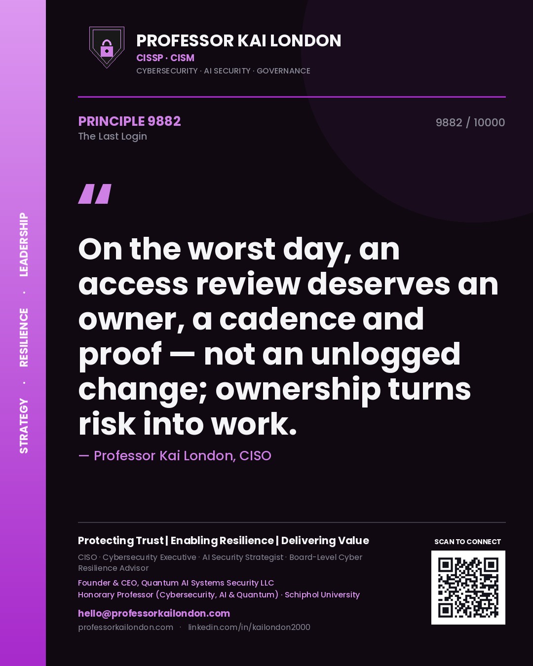 Professor Kai London principle 9882: On the worst day, an access review deserves an owner, a cadence and proof — not an unlogged change; ownership turns risk into work.