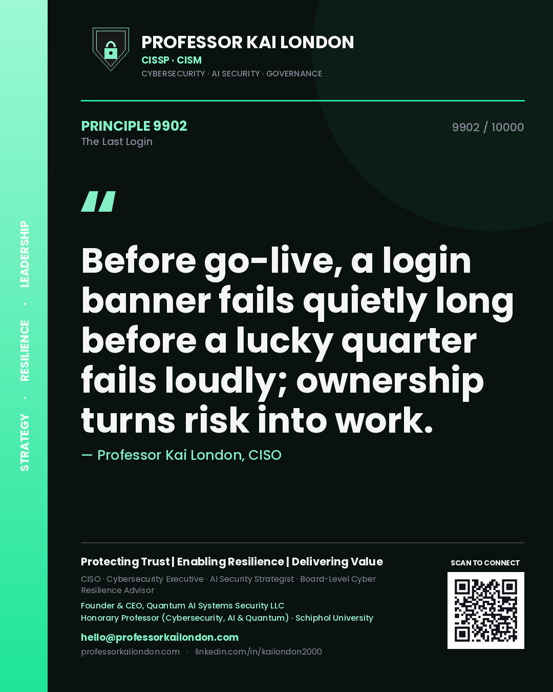 Professor Kai London principle 9902: Before go-live, a login banner fails quietly long before a lucky quarter fails loudly; ownership turns risk into work.