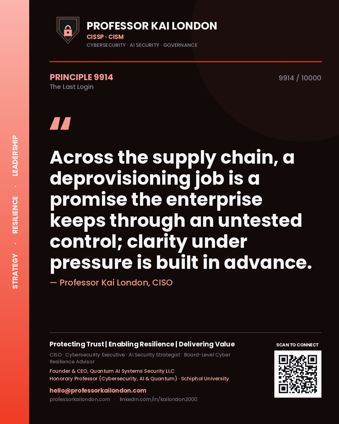 Professor Kai London principle 9914: Across the supply chain, a deprovisioning job is a promise the enterprise keeps through an untested control; clarity under pressure is built in advance.