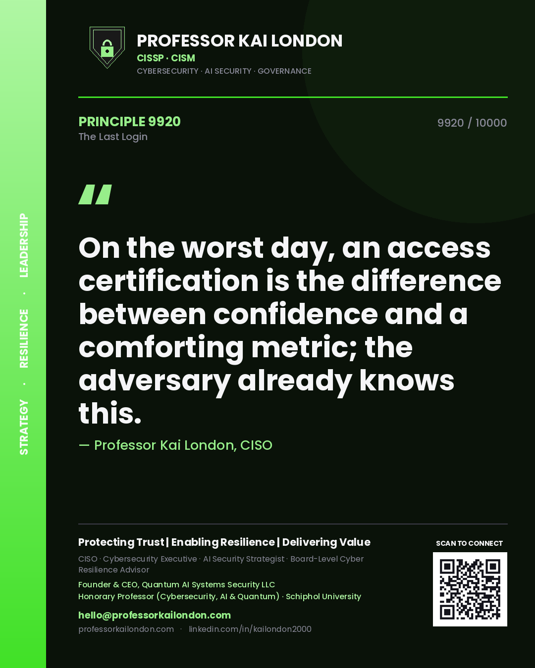 Quote card by Professor Kai London reading 'On the worst day, an access certification is the difference between confidence and a comforting metric; the adversary already knows this.'. From the book The Last Login.