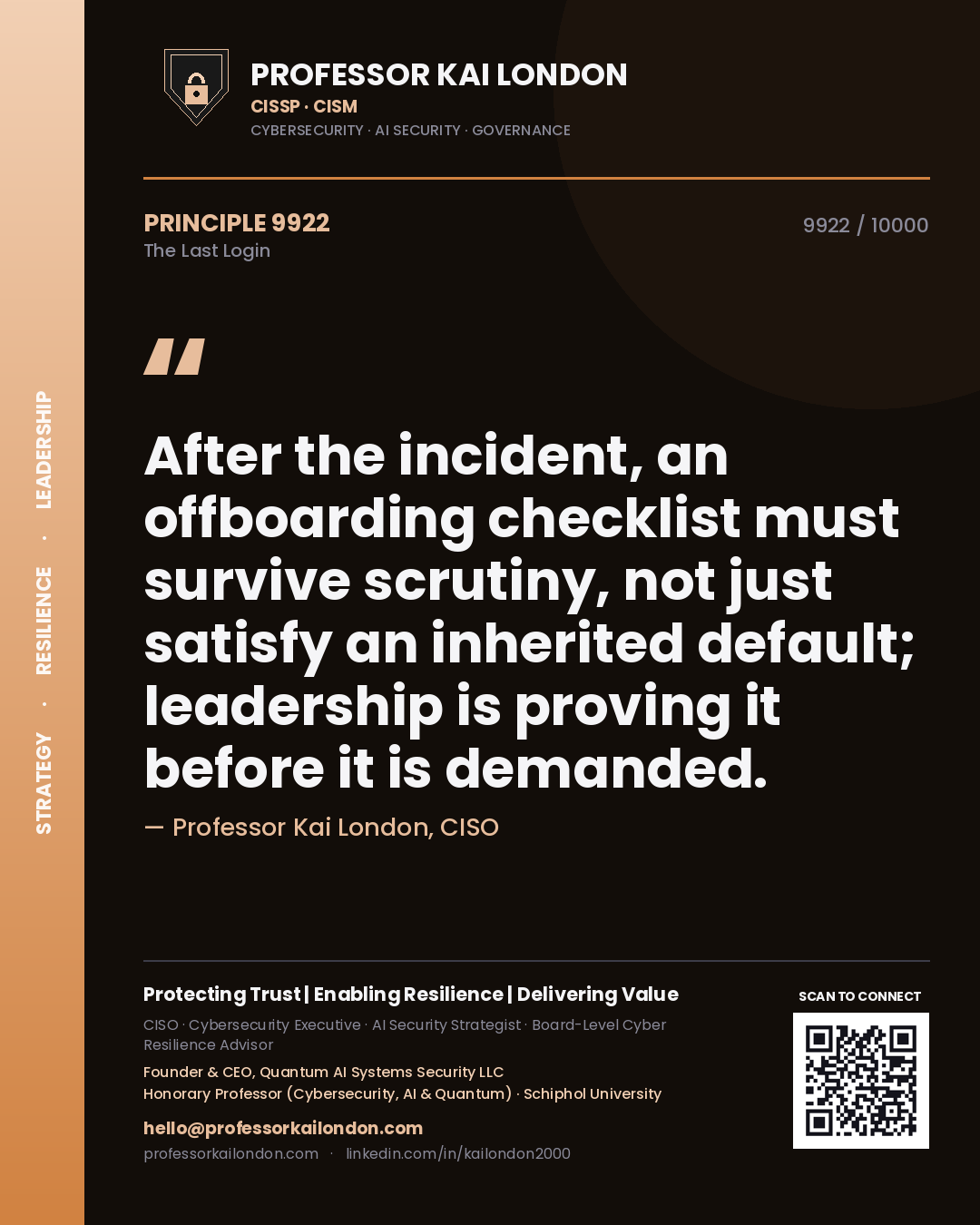 Quote card by Professor Kai London reading 'After the incident, an offboarding checklist must survive scrutiny, not just satisfy an inherited default; leadership is proving it before it is demanded.'. From the book The Last Login.