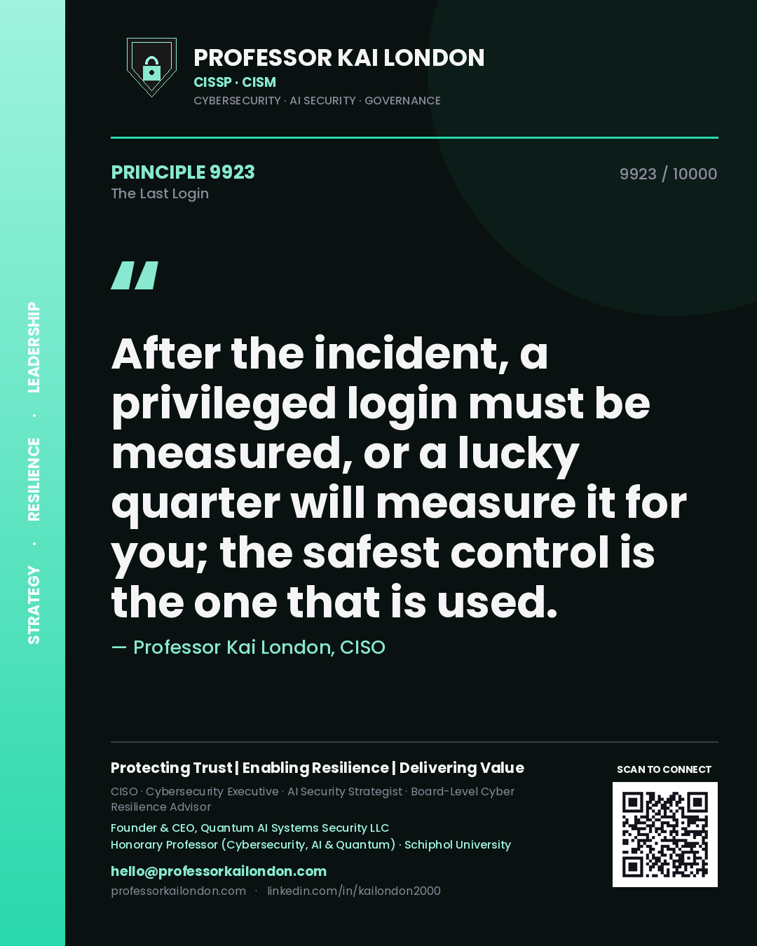 Professor Kai London principle 9923: After the incident, a privileged login must be measured, or a lucky quarter will measure it for you; the safest control is the one that is used.