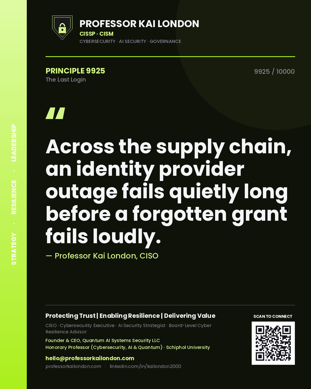 Professor Kai London principle 9925: Across the supply chain, an identity provider outage fails quietly long before a forgotten grant fails loudly.