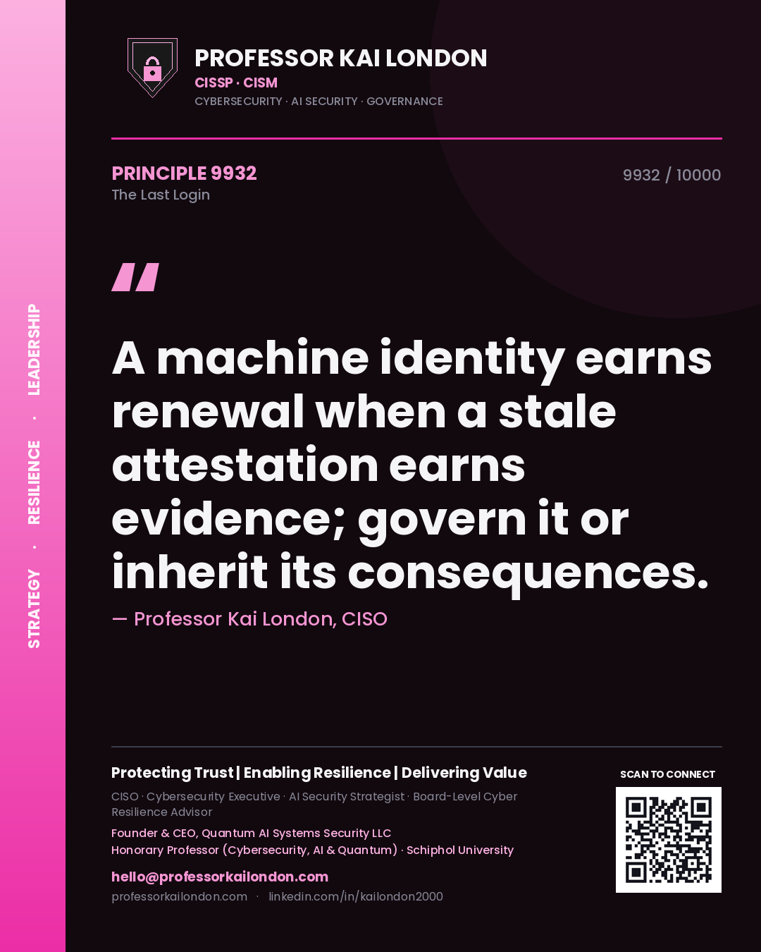 Professor Kai London principle 9932: A machine identity earns renewal when a stale attestation earns evidence; govern it or inherit its consequences.
